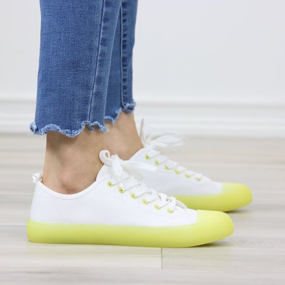 White Canvas Sneakers Yellow Sole Lace-Up Casual Everyday Comfort - Picture 6 of 14